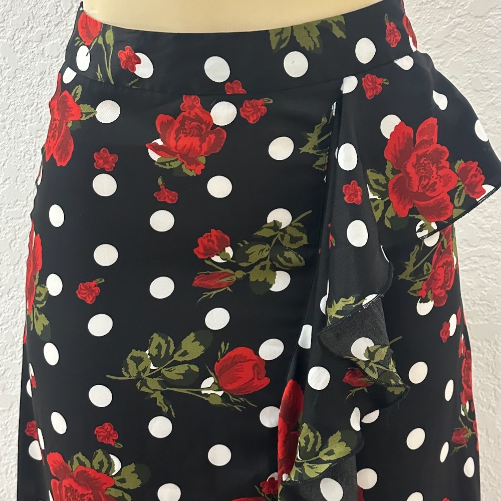 Floral Polka Dot Wrap Midi Skirt Red Roses Ruffle High Waist Vintage Style XS - Picture 4 of 6